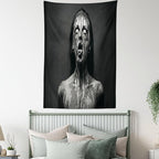 Ambesonne Zombie Tapestry Queen Size, Unusual Scream Monster Woman with Empty Eyes Looking up Horror Picture Design, Wall Hanging Bedspread Bed Cover Wall Decor, Queen Size, Black and White
