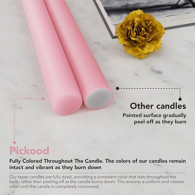 10-Inch Tall Dripless Taper Candles Set of 4 - Pink Tapered Candles, Perfect for Spring - Smokeless, Unscented, Long Burning - Hand Poured, Colored Tall Candlesticks - Light Pink