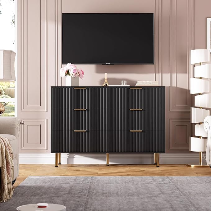 GarveeHome Fluted 6 Drawer Dresser for Bedroom, 47.2 in Wide Modern Chest of Drawers with Deep Drawers, Large Double Dresser TV Stand, Wooden Organizer for Living Room, Hallway, Kids Room, Black