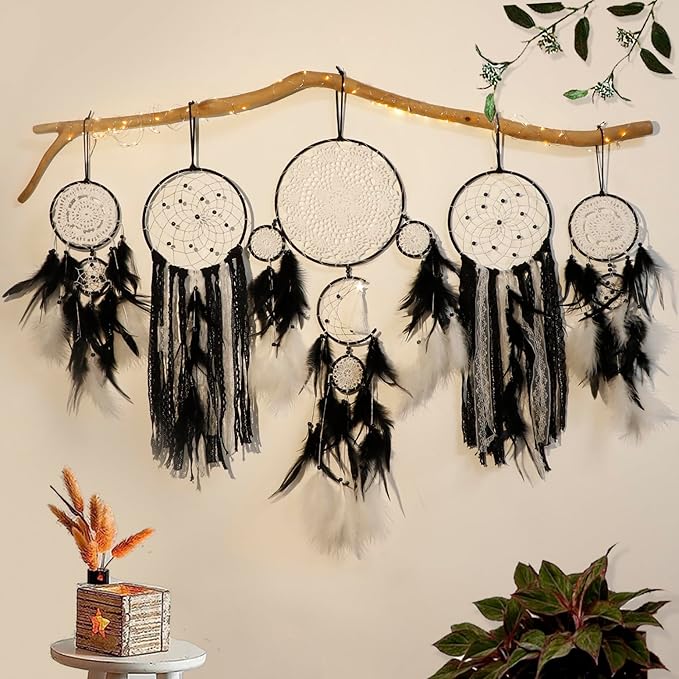 5 Pack Black Dream Catchers for Bedroom Adult Boho Macrame Wall Hanging Art Decor Large Dreamcatchers with Feather for Home Living Room Handmade Gift