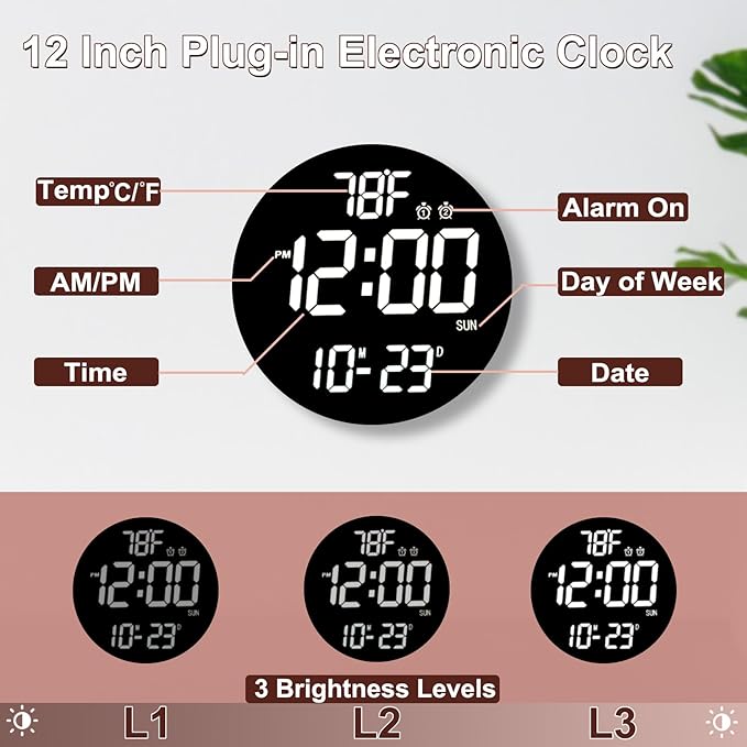 Large 12" White Digital Wall Clock with Remote Control | LED Display Plug-in Clock with 3 Brightness Levels & Temperature Display Perfect for Home, Gym, Classroom, Office