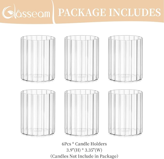 Glasseam Ribbed Glass Candle Holder: Set of 6 Clear Hurricane Candle Holder Cylinder Candle Holders for Pillar Candles Decorative Floating Candle Vases for Centerpieces Wedding Table Decoration 3.94’’
