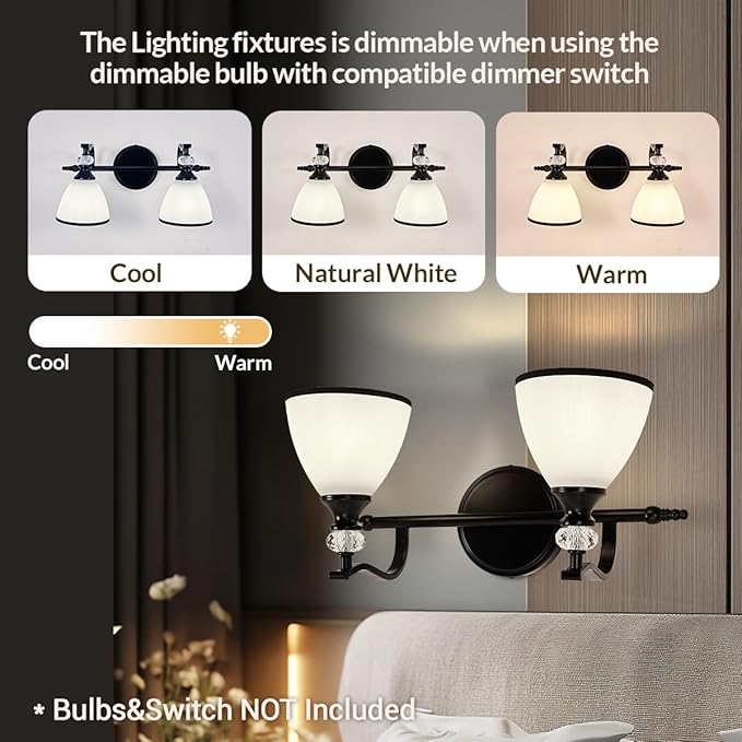 ANDY STAR Bathroom Lighting Fixtures Over Mirror, 2-Light Matte Black Vanity Light with Frosted Glass, Anti-Rust Metal Framed Bathroom Wall Lamp Sconces for Mirror Bedroom, Living Room Hallway