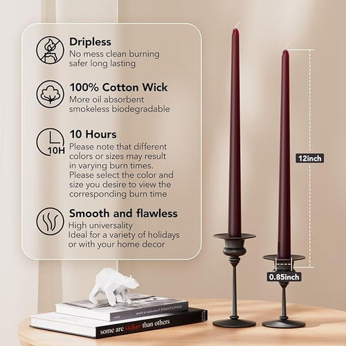 12-Inch Tall Dripless Taper Candles Set of 4 - Burgundy Tapered Candles, Perfect for Wedding,Dinner - Smokeless, Unscented, Long Burning - Hand Poured, Colored Tall Candlesticks - Borgoña