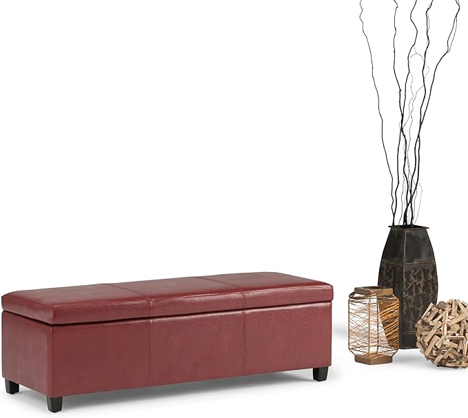 SIMPLIHOME Avalon Storage Ottoman Bench - 48 inch Wide Upholstered Vegan Leather Rectangular Lift-Top Ottoman in Red, Contemporary Storage Bench for Living Room with High-Density Foam