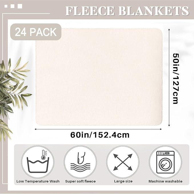 Newwiee 24 Pcs Fleece Throw Blankets Bulk 50'' x 60'' Oeko-tex Standard 100 Certified Spring Outdoor Wedding Guest Blankets Lightweight for Sleepover Donation Lap Pet Sofa Home (Cream White)