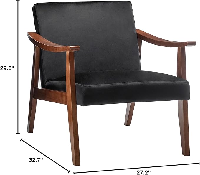 Accent Chair with Velvet Upholstery and Solid Wood Frame, Classic Mid-Century Modern Living Room Furniture for Extra Seating, Black