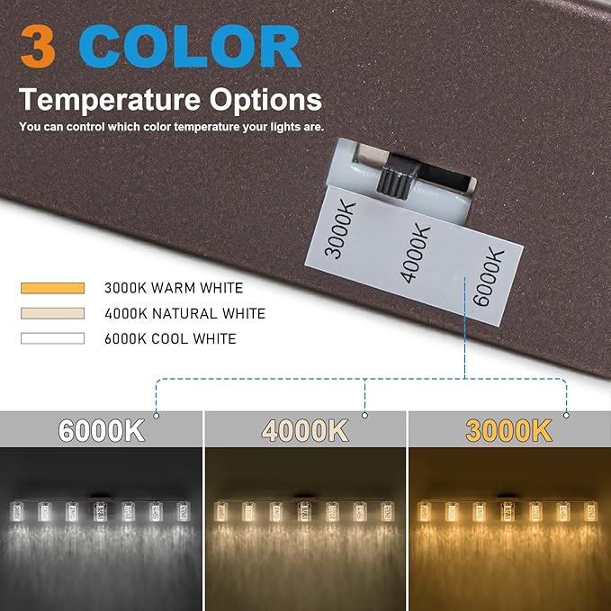 SineRise 7-Light Bronze Vanity Light with 3 Color Modes (3000K/4000K/6000K), Eye Protection LED Bathroom Light Fixture, Dimmable Modern Wall Light Over Mirror with Clear Glass Shade