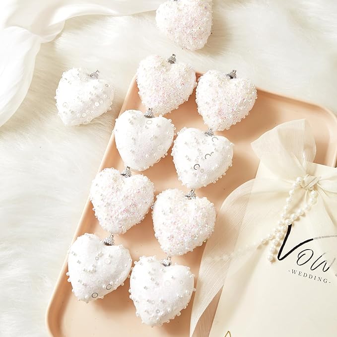 White Valentine's Day Heart Ornaments 10Pcs Glitter Sequin Heart Shaped Baubles Decoration Valentines Pearl Foam Hanging Decor(2.36in)
