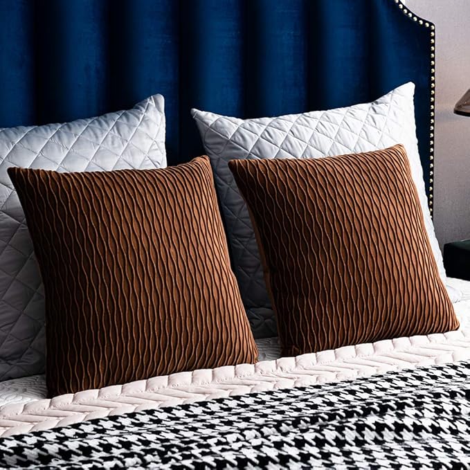 Light Brown Throw Pillow Cases: 2 Pack 20x20 Inch Original Stripe Velvet Square Decorative Pillow Covers for Farmhouse Couch