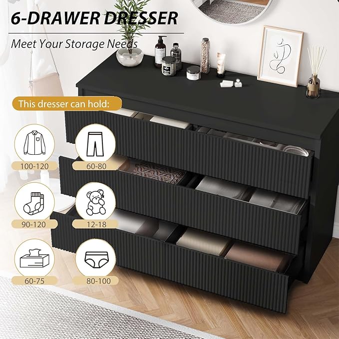 6 Drawer Dresser Black Modern Fluted Tall Wooden Chest Double Dresser for Bedroom, Living Room, Closet