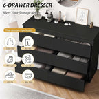 6 Drawer Dresser Black Modern Fluted Tall Wooden Chest Double Dresser for Bedroom, Living Room, Closet