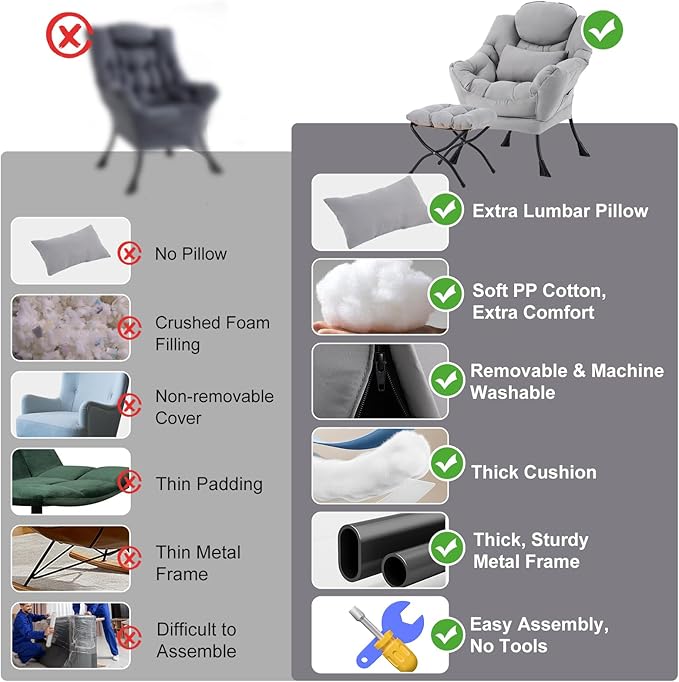 Lazy Chair with Ottoman, Modern Accent Chair with Lumbar Pillow, Grey Sofa, Lounge Chairs with Folding Footrest, Oversized Supportive Chairs for Bedroom, Reading