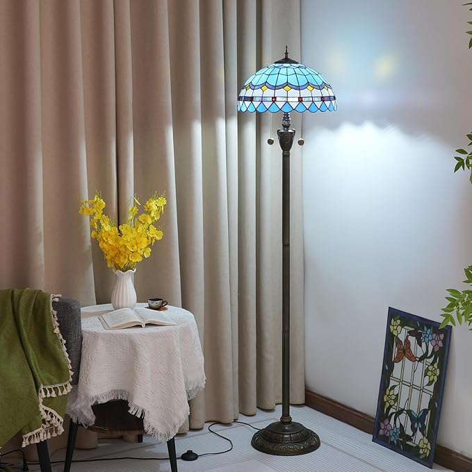 Tiffany Floor Lamp Blue Mediterranean Style Stained Glass Floor Light Bright Lighting Rustic Standing Lamp Vintage Unique Bronze Reading Corner Lamp for Home Decor Living Room Bedroom 16X16X64 Inches