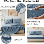 CozyLux King Size Comforter Set Mineral Blue, 7 Pieces Pintuck Bed in A Bag Blue Comforter King Size, Pinch Pleat Bedding Set with All Season Comforter, Flat Sheet, Fitted Sheet, Pillowcases & Shams