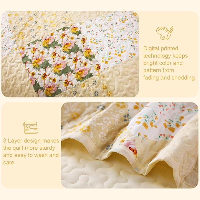 Exclusivo Mezcla Reversible Boho Quilts Queen Size, Yellow Bedspreads Lightweight Coverlet All Season Patchwork Quilt Bedding Set with Printed Floral Pattern (1 Quilt, 2 Pillow Shams)