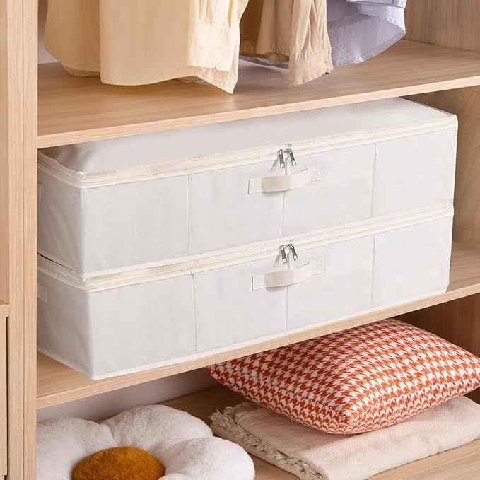 Under Bed Storage Containers, Storage Bins With Lids, Clothes Organizers With Sturdy Structure and Reinforced Handles, Beige, 2 Pack, 31.5 x 15.7 x 5.9 Inch