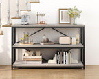 IBF 47" Gray 3 Tier Low Bookcase,Industrial Modern Short Horizontal Etagere Bookshelf, Simple Wide Open Rustic Metal and Wooden Book Shelf for Bedroom Living Room Home Office Storage, Light Grey Oak