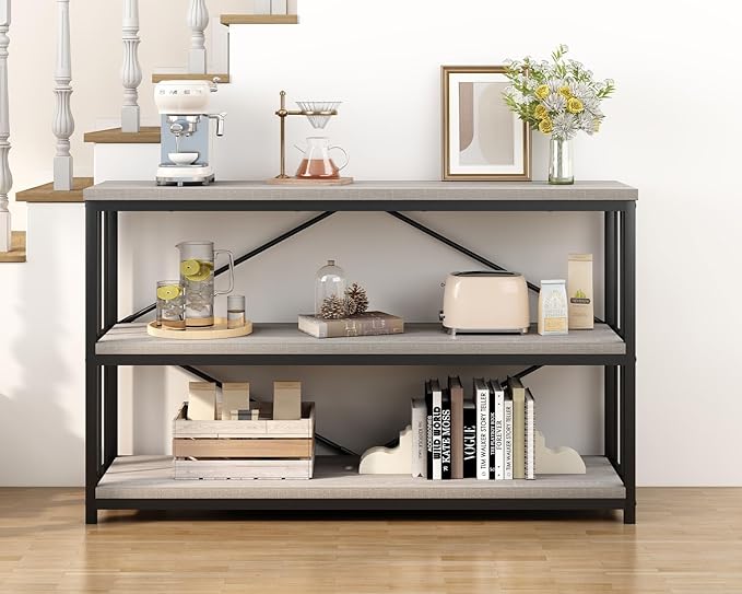 IBF 47" Gray 3 Tier Low Bookcase,Industrial Modern Short Horizontal Etagere Bookshelf, Simple Wide Open Rustic Metal and Wooden Book Shelf for Bedroom Living Room Home Office Storage, Light Grey Oak