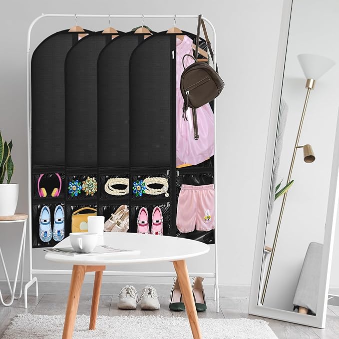 14 Pcs Garment Bags for Dance Costumes Clear PVC with Zippers 24 x 50 Inch Suits Bag with Pockets Dance Costume Organizer Carrier for Storage Cover for Adult(Black,Classic)