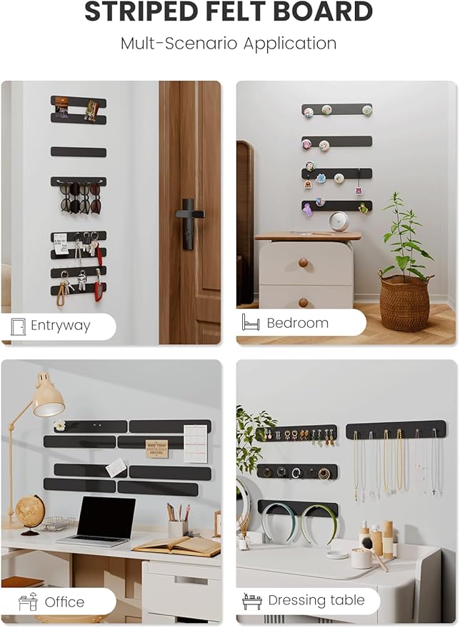 Fluxynara Cork Board Alternative Felt Strip Board 8-Pack 13"x2", Office Pin Board with 50 Push Pins, Adhesive Install for Bedroom Door & Home Office(Black)