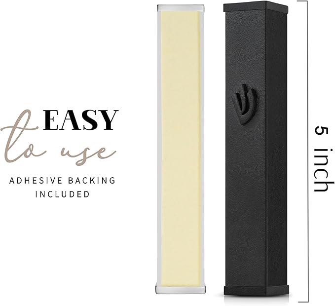 SURI Mezuzah Case for Door with Printed Scroll– 5.5 Inch Black Aluminum Jewish Mezuza Cover, Self-Stick Adhesive, Fits a 5 Inch Scroll, Gift Box Included