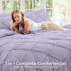 Sasttie Full Size Comforter Set, 7-Piece Bed in a Bag, Pintuck Bedding Sets for All Season, Includes Comforter, Flat Sheet, Fitted Sheet, Pillowcases and Pillowshams, Lavender