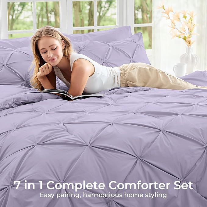 Sasttie Full Size Comforter Set, 7-Piece Bed in a Bag, Pintuck Bedding Sets for All Season, Includes Comforter, Flat Sheet, Fitted Sheet, Pillowcases and Pillowshams, Lavender