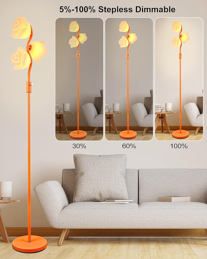 Orange Floral Floor Lamp, Dimmable Mid Century Modern Standing Lamps with 3 Warm White 3000K Bulbs, Cute Flower Floor Lamp for Living Room Bedroom Home Decor