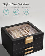 SONGMICS GISELLA Collection - Jewelry Box Organizer, 3-Layer Jewelry Storage with 2 Drawers, Shiny Metal Hardware, Glass Lid, Modern, 8 x 9.1 x 5.3 Inches, Ink Black and Gold Color UJBC239B03