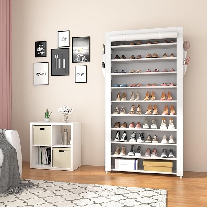 ROJASOP Shoe Rack with Covers 10 Tier Large Shoe Organizer Tall Shoe Closet Storage for 50-55 Pairs Shoe and Boot, Free Standing Shoe Rack Organizer for Closet, Entryway, Bedroom, White
