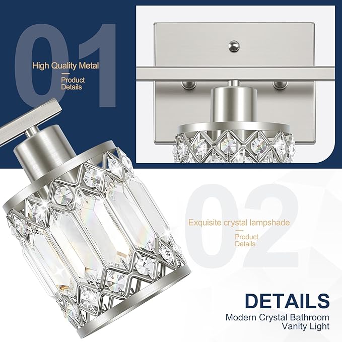 Crystal Modern Bathroom Light Fixtures, 3-Light Brushed Nickel Bathroom Vanity Wall Light, Vanity Lights for Mirror, Restroom, Bedroom (E26 Socket, Bulbs Not Included)