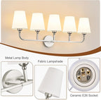 Kvhilw Bathroom Vanity Light, Brushed Nickel Bathroom Light Fixtures, 5-Light Lighting Fixtures Over Miror, Modern Wall Sconce with Flared White Fabric Shade, E26 Socket(ETL Listed)