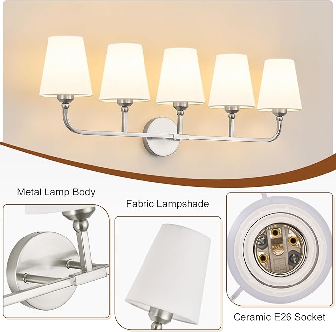 Kvhilw Bathroom Vanity Light, Brushed Nickel Bathroom Light Fixtures, 5-Light Lighting Fixtures Over Miror, Modern Wall Sconce with Flared White Fabric Shade, E26 Socket(ETL Listed)