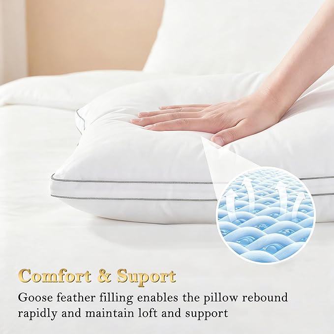 Feather Pillows King Size Set of 2 Goose Down Pillows with 100% Breathable Cotton Cover, Hotel Collection Bed Pillows for Sleeping, Soft Support for Back, Stomach and Side Sleepers