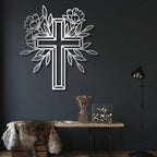 ENJOYOO Metal Cross Wall Decor, Religious Cross Decoration, Flower Metal Wall Art, Garden Wall Art Outdoor (Silver, 28×25in/70×65cm, metal wall art)
