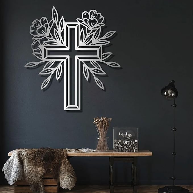 ENJOYOO Metal Cross Wall Decor, Religious Cross Decoration, Flower Metal Wall Art, Garden Wall Art Outdoor (Silver, 39×36in/100×92cm, metal wall art)