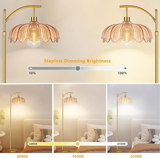 Arc Floor Lamp with 3 Color Temperatures,Gold Floor Lamp with Remote & 3 Color Temperature,Mid Century Modern Standing Lamp with Glass Lampshades,Vintage Tall Floor Lamps for Living Room Bedroom