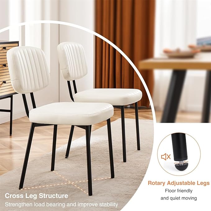 Dining Chairs Set of 2, Mid Century Modern Upholstered Kitchen Chair with PU Leather Cushion Seat & Metal Legs for Home/Living Room/Bedroom/Office-White