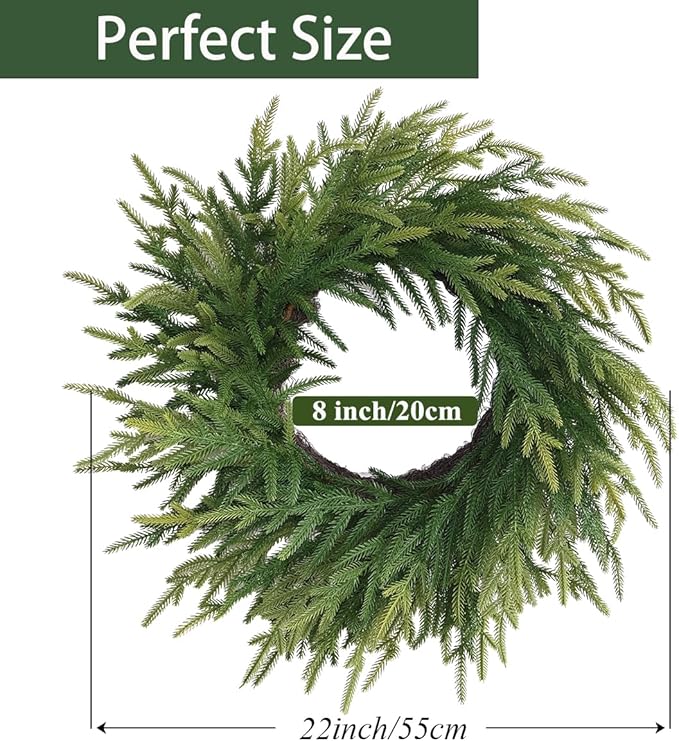 20 Inch Norfolk Pine Winter Wreath - Artificial Pine Greenery Winter Christmas Wreaths for Front Door Porch Wall Window Porch Fireplace Indoor Outdoor Decor Christmas Decorations