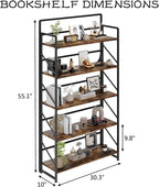 JSB Folding Bookshelf,Industrial Storage Shelves, No Assembly Vintage Wood Look Bookshelf with Storage Shelves for Living Room, Bedroom, Office (Fire Brown, Wide 5-Tier)
