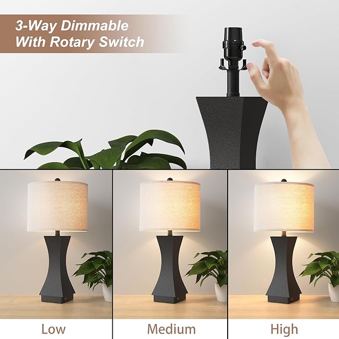 24.5" Modern Table Lamp Set of 2, 3-Way Dimmable Bedside Lamps with USB C & A Charging, Farmhouse Resin Nightstand Lamps with Beige Linen Shade for Bedroom, Living Room, Home Office (Black)