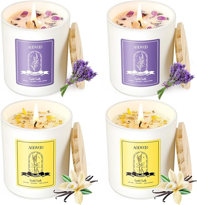 AOOVOO Lavender Candles Set for Women - 4 Pack Candles for Home Scented, 28 oz 200 Hour Long Lasting Aromatherapy Candle with Crystals Inside, Birthday Gifts Valentines Day Candle for Women Mom
