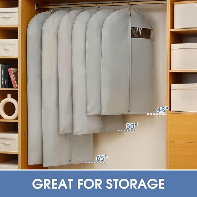 50" Garment Bags for Hanging Clothes, Suit Bags for Closet Storage and Travel, Grey Suit Cover Bags with Clear Window for Coats, Jackets, Dresses (2 Packs)