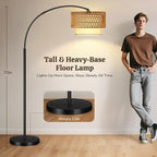 Arc Floor Lamp for Living Room, Rattan Boho Floor Lamp with Remote Control, Black Standing Lamp with 3 Color Temperatures & Dimmable LED Bulb, Tall Lamp for Bedroom, Over Couch Arched Reading Light