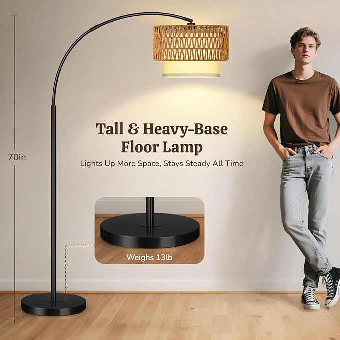 Arc Floor Lamp for Living Room, Rattan Boho Floor Lamp with Remote Control, Black Standing Lamp with 3 Color Temperatures & Dimmable LED Bulb, Tall Lamp for Bedroom, Over Couch Arched Reading Light