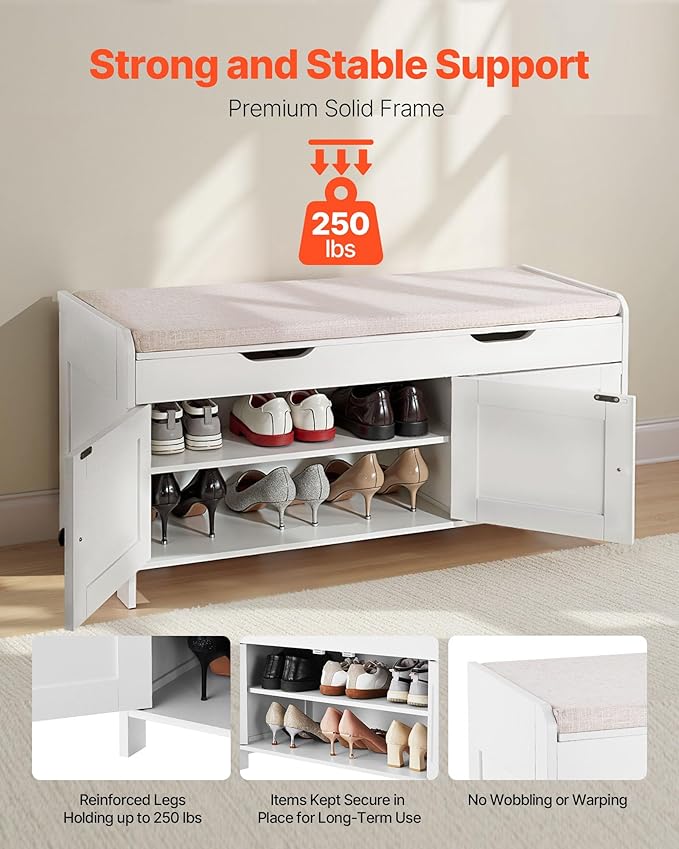 VEVOR Shoe Storage Bench with Padded Cushion & 3 Barn Doors, Entryway Bench with Hidden Storage, 41.3 x 13.8 x 19.8 Inches, for Entryway, Hallway, Living Room, Bedroom