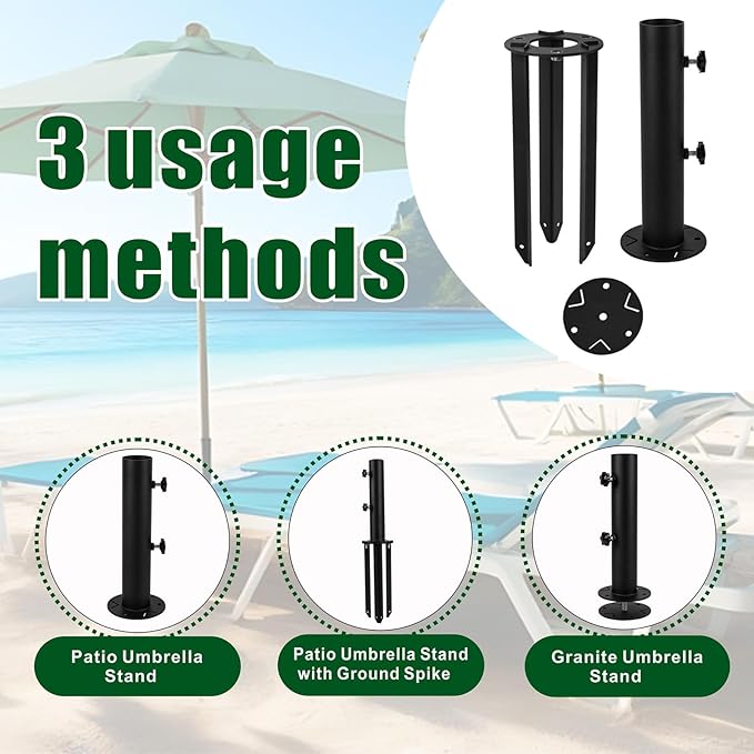 Patio Umbrella Stand Base,Heavy Duty Outdoor Umbrella Holder with 3 Ground Spikes for Stability, Umbrella Holder Base for Beach, Deck, Lawn, Garden,Concrete