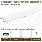 72 inch Floating Shelves for Wall, 12 Inch Deep Floating Shelf, Hanging Shelf with Invisible Brackets, Rustic Wooden Wall Shelves for Bathroom, Bedroom, Living Room,Farmhouse Set of 1,White
