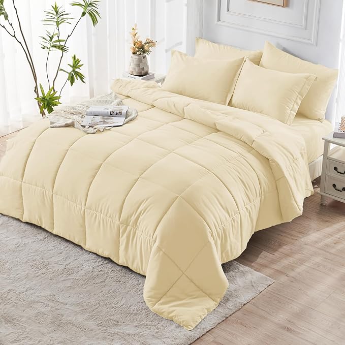 JOLLYVOGUE Queen Comforter Set, Ultra-Soft Bed in a Bag Queen Size 7 Pieces, Oeko-TEX Certified Bedding Set with Down Alternative Comforter, Sheets, Pillowcases & Shams, Light Yellow